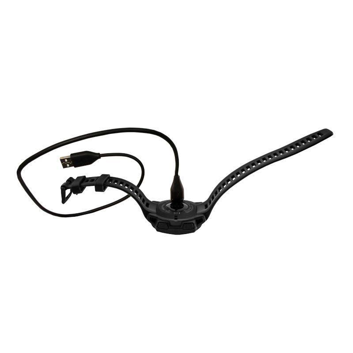 Caricatore per orologio nero con cavo USB. Il cinturino è nero.