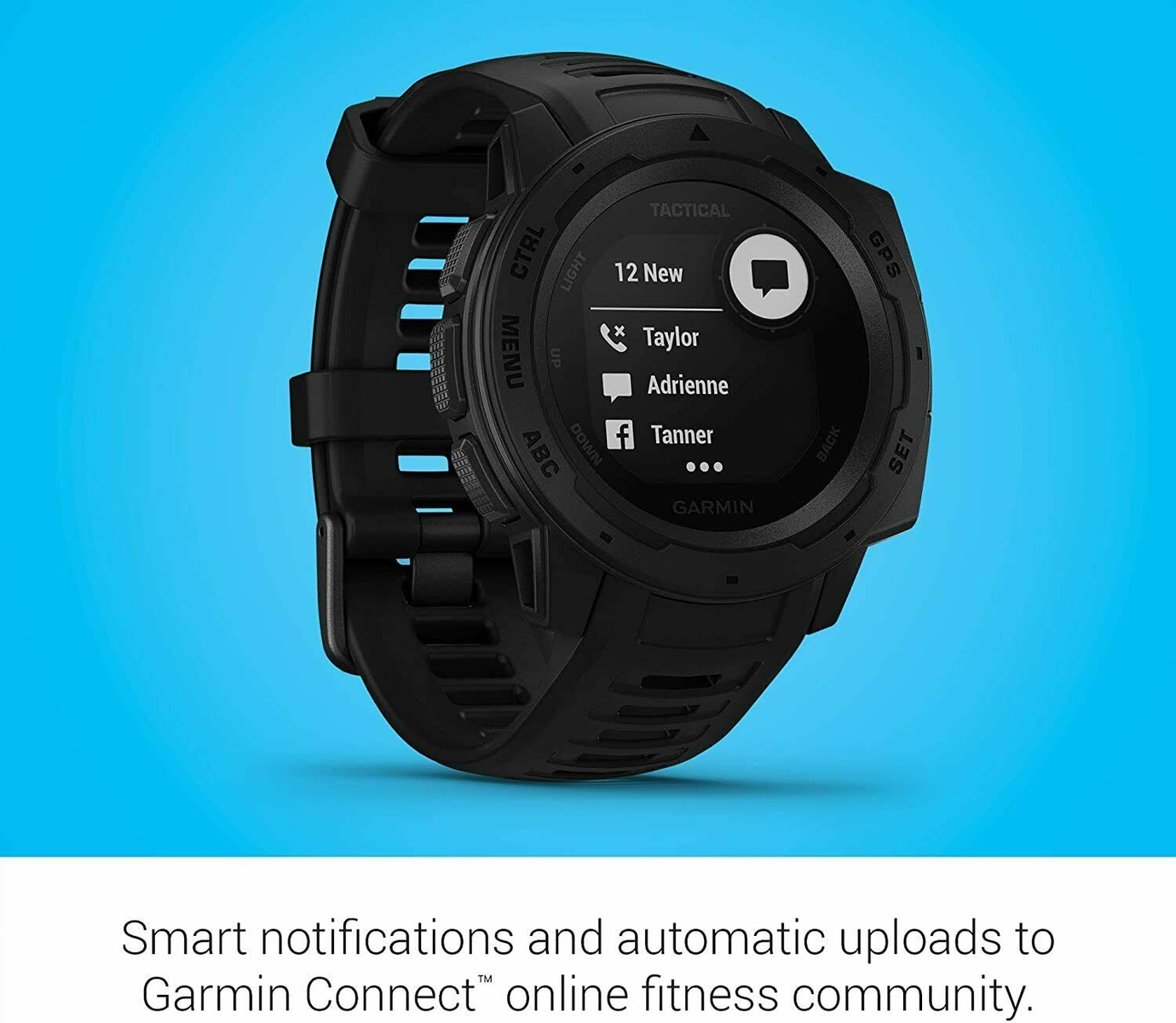L'orologio Garmin nero mostra una schermata di notifica. Contatti elencati: Taylor, Adrienne, Tanner. Sfondo blu.