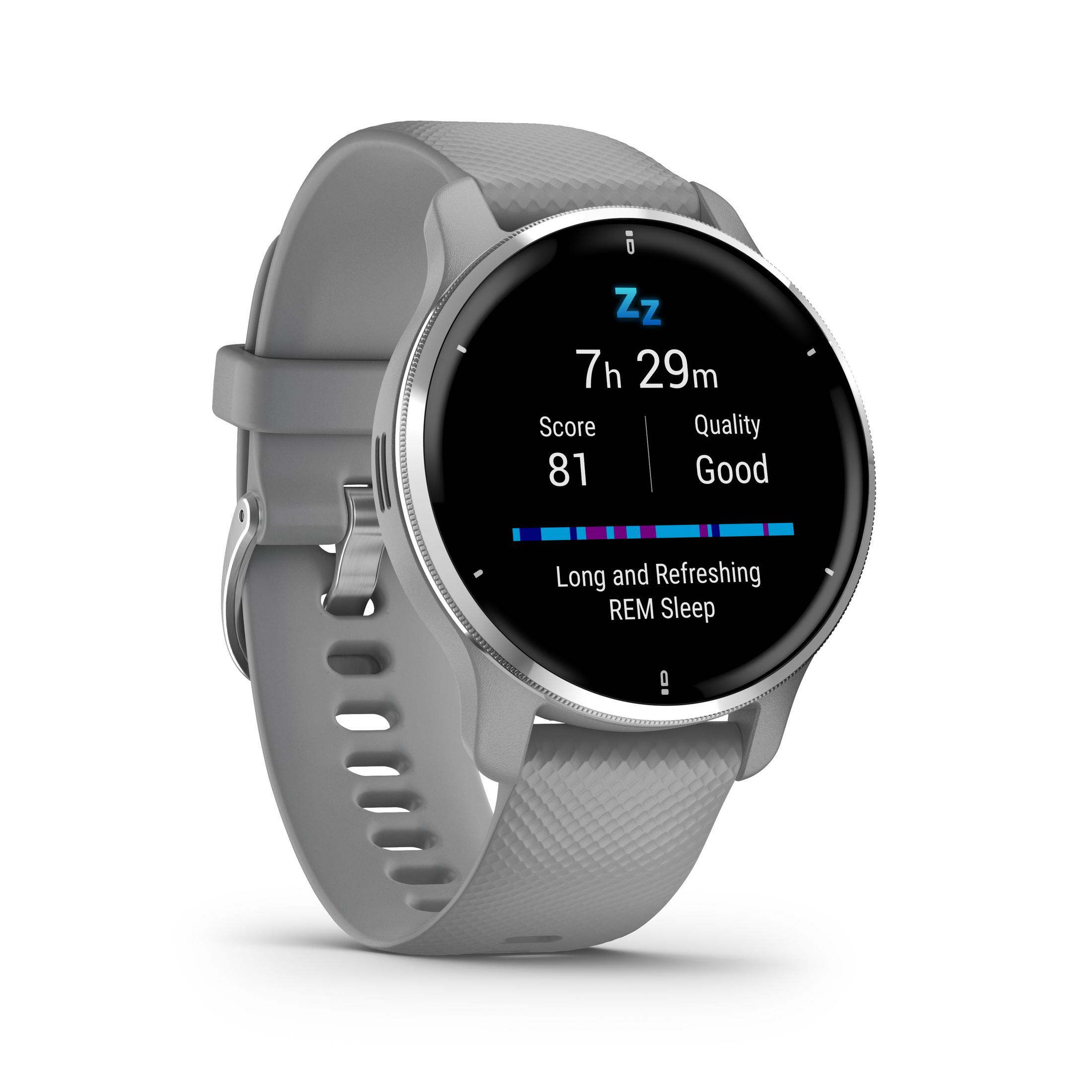 Smartwatch mit Schlafanzeige. Graues Armband und silbernes Gehäuse. Zeigt Schlaf-Score und -Zeit.