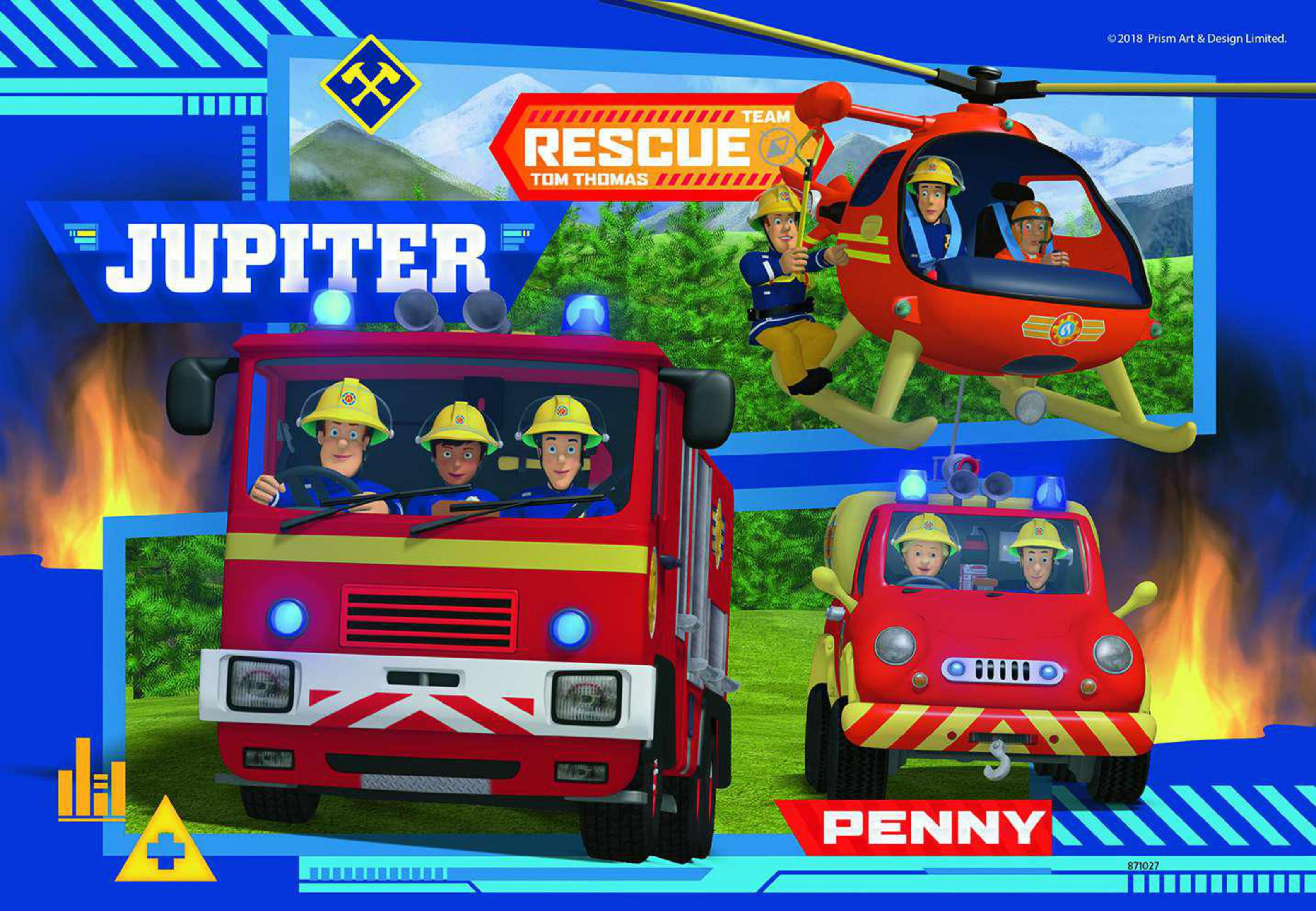 Scena del team di soccorso di Tom Thomas con autopompa, elicottero e Penny, stile cartone animato.