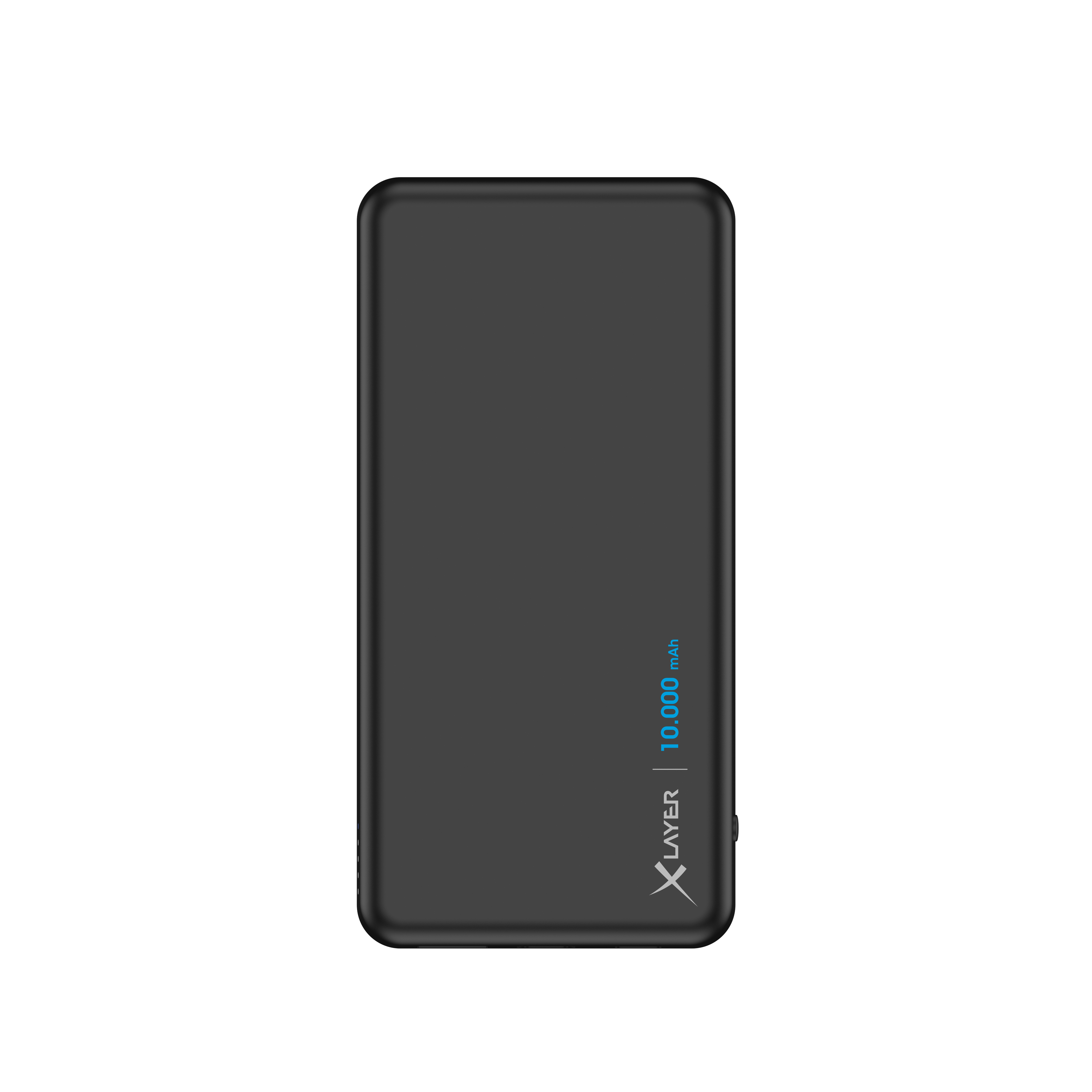 Schwarze Powerbank mit dem blauen Text '10.000 mAh'.