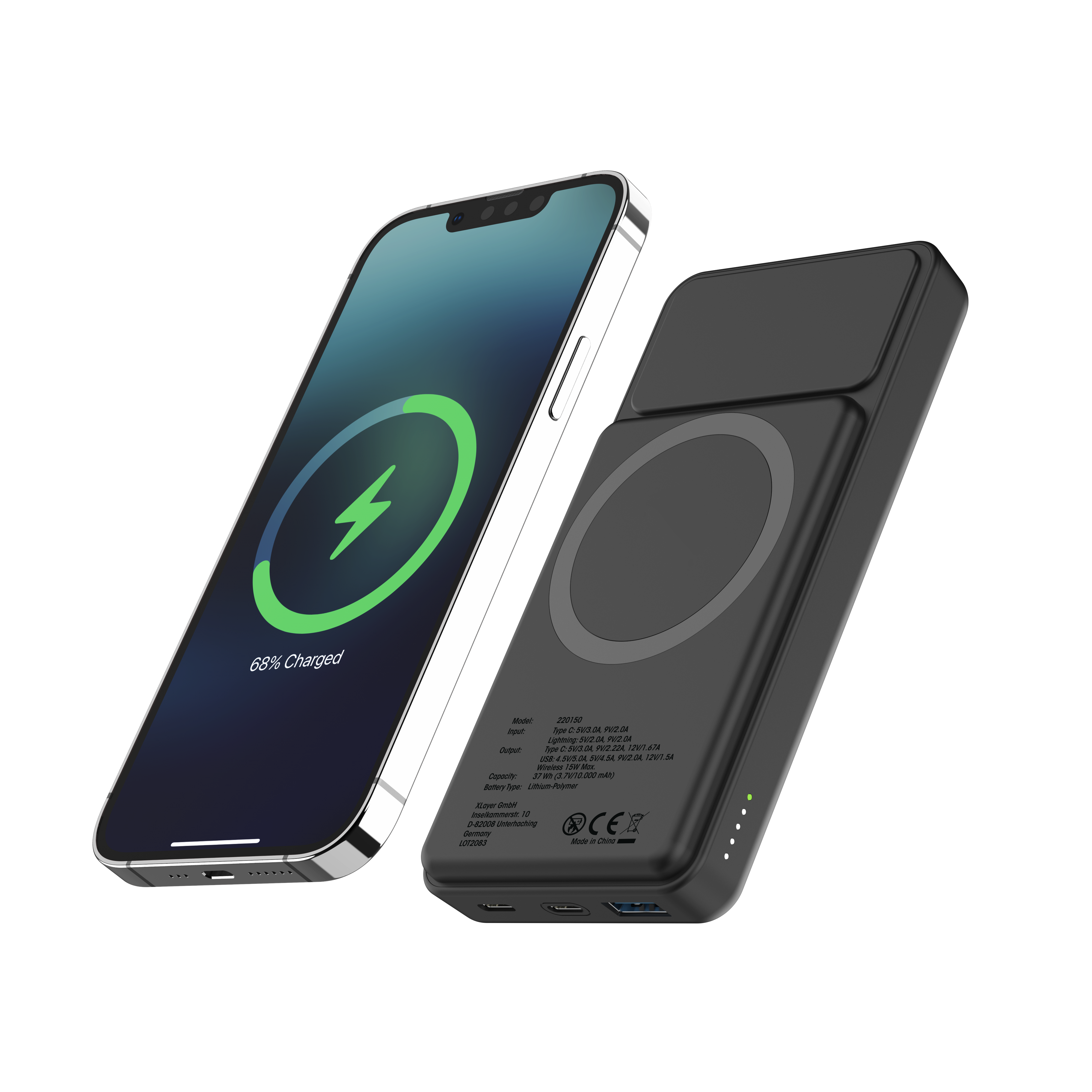 Schwarzes Telefonladegerät neben einem Telefon mit Ladesymbol, zeigt 68 % Ladung.
