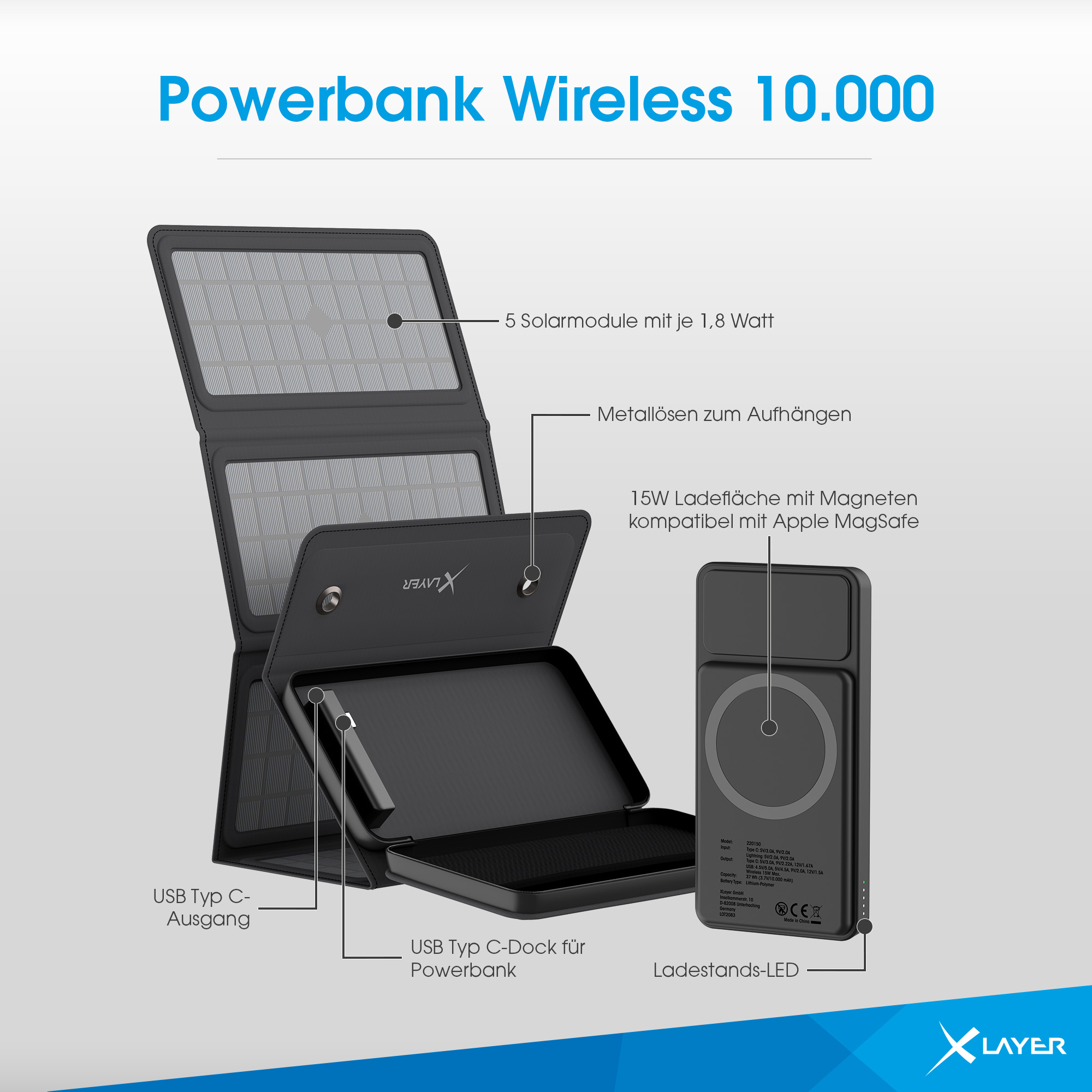 Eine schwarze Powerbank mit Solarpanelen, beschriftet mit Text und einem Telefon.