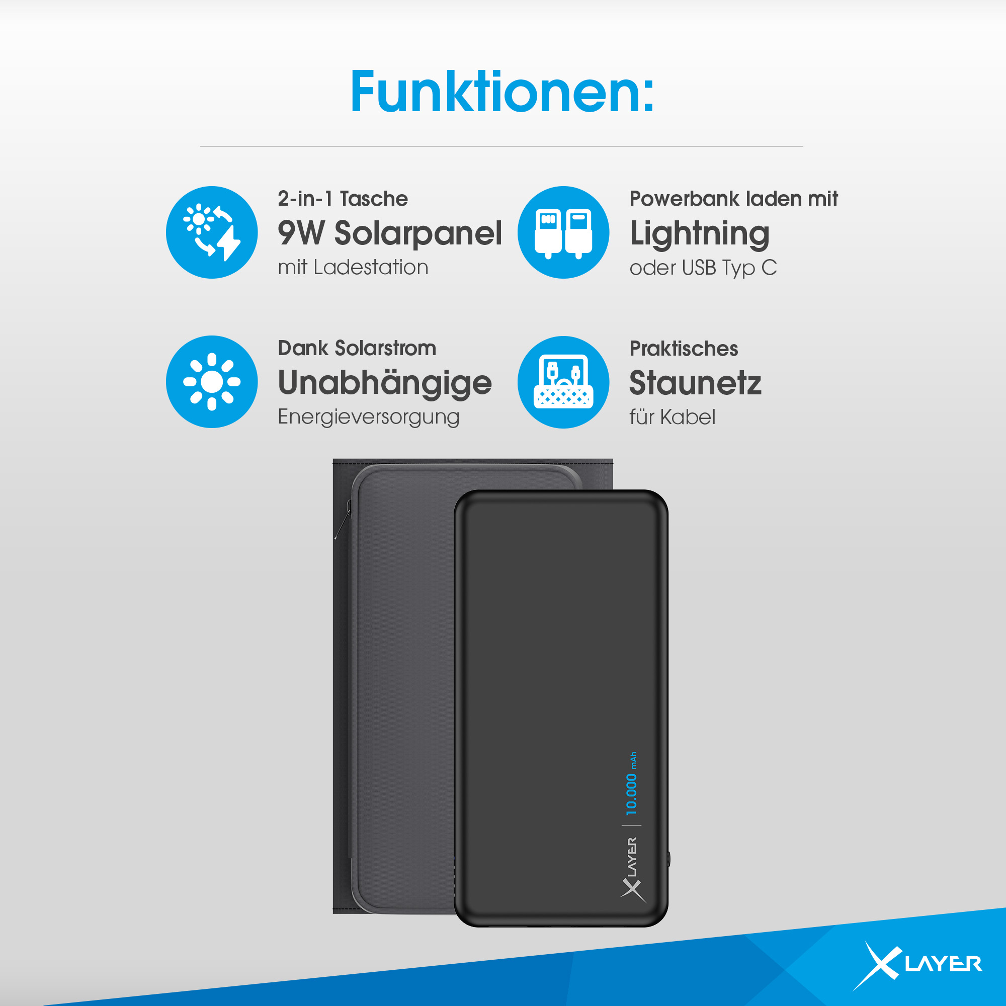 Schwarze Powerbank mit Symbolen und Text. Funktionen umfassen Solarpanel und USB-Laden.