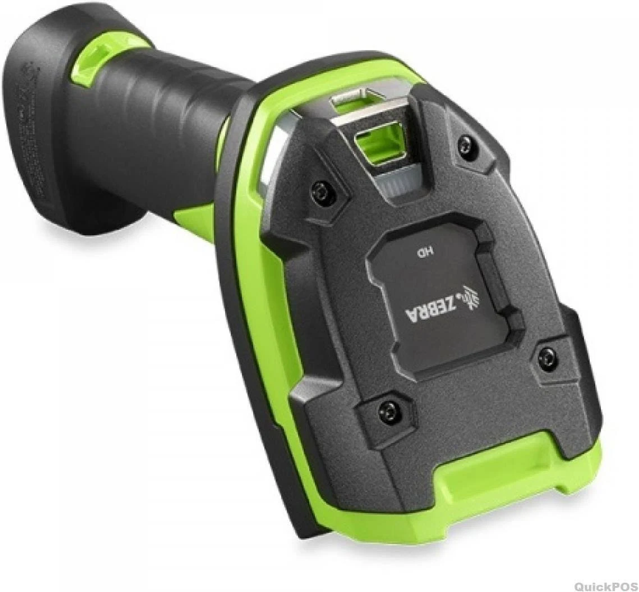 Schwarz-grüner Barcode-Scanner mit Zebra-Logo, leicht nach oben geneigt.