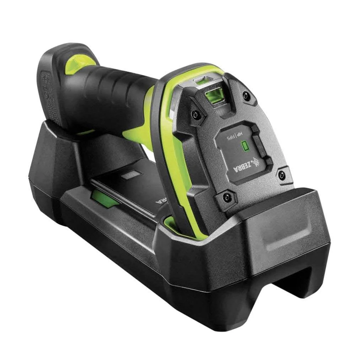 Schwarzer und grüner Handheld-Barcodescanner auf einer Ladestation, mit dem Zebra-Logo.