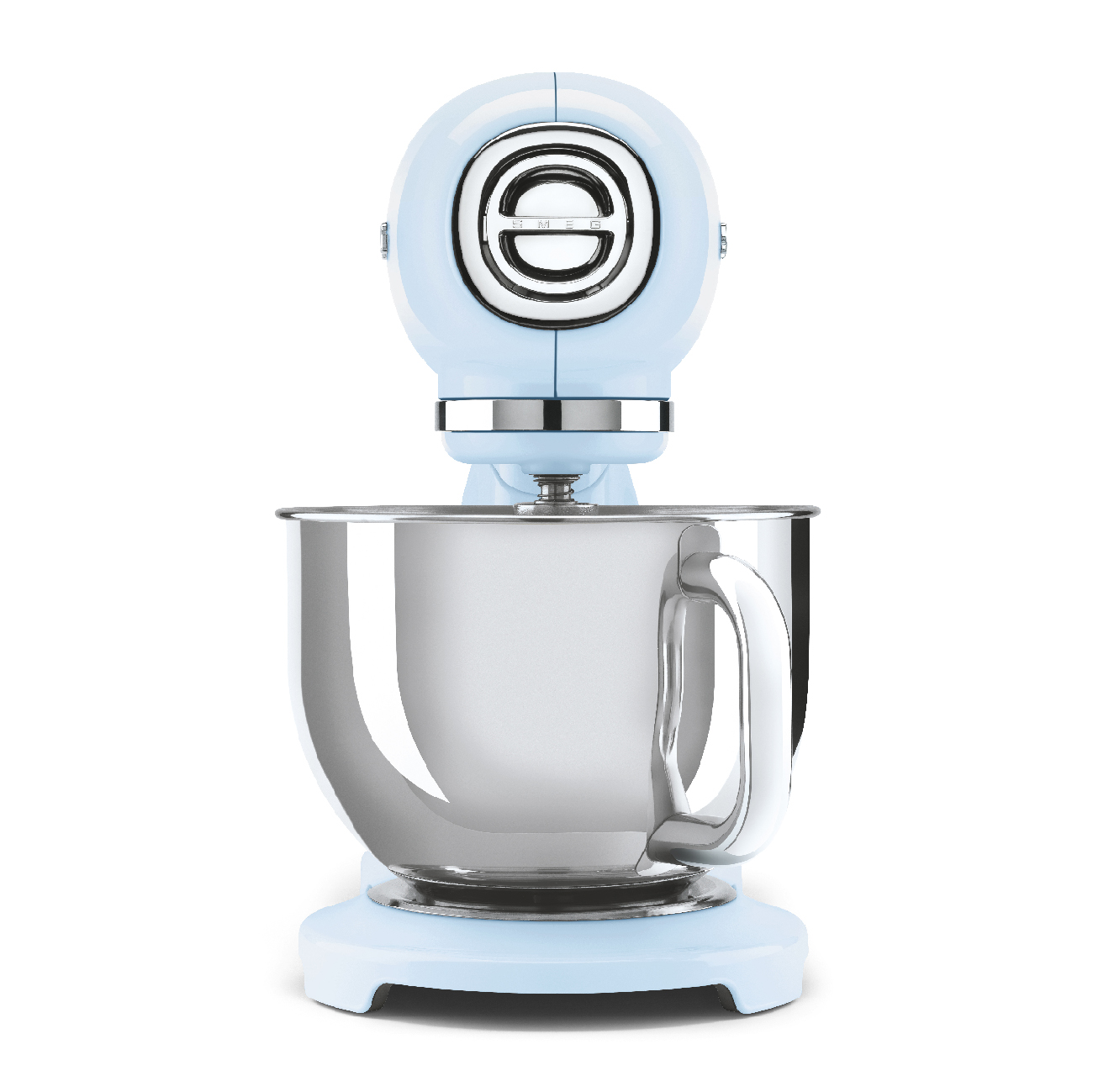 Hellblauer Küchenmixer. Edelstahlschüssel und hellblauer Sockel. Oberseite mit silbernem Logo.