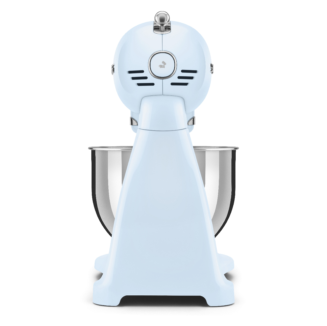 Ein hellblauer Küchenmixer von hinten. Er hat eine silberne Rührschüssel.