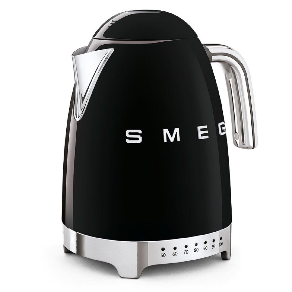 Ein schwarzer Smeg-Wasserkocher mit silbernem Griff und Boden. Der Wasserkocher hat eine Temperaturanzeige.
