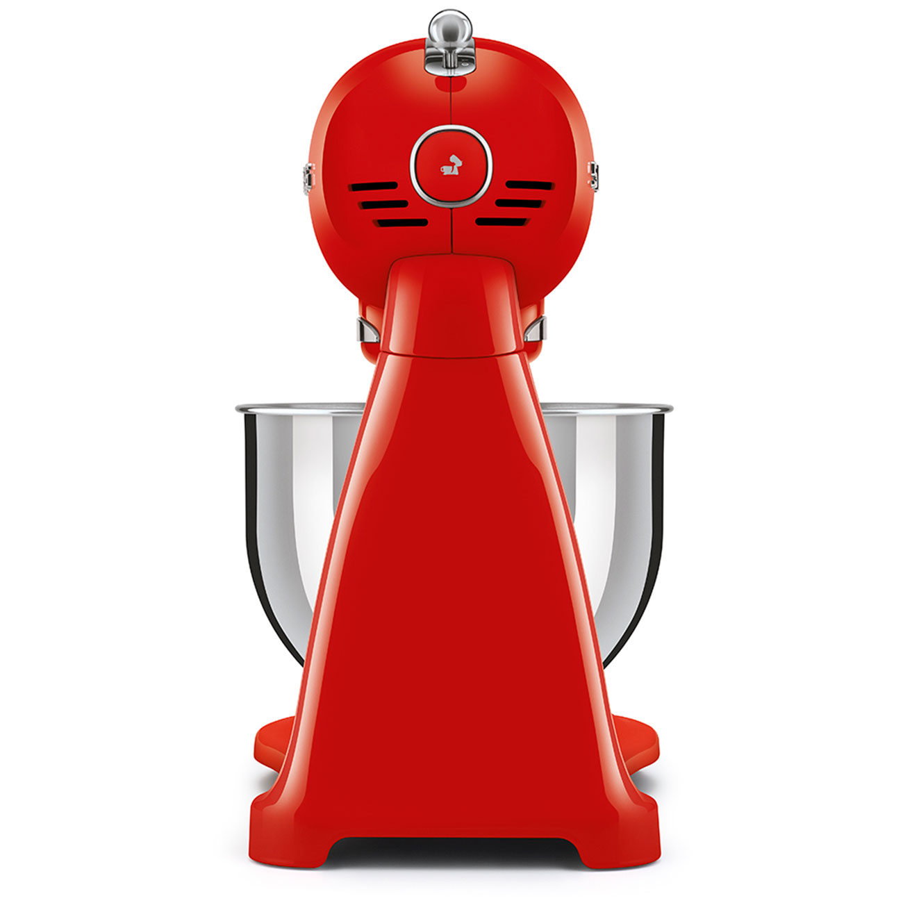 Roter Küchenmixer von hinten, silberne Schüssel, weißer Hintergrund.