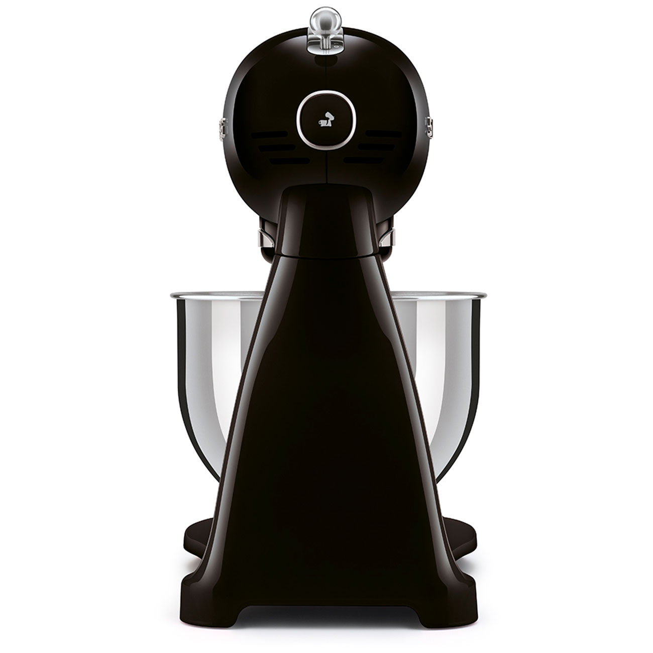 Schwarzer Küchenmixer, Rückansicht. Glänzende Chromschüssel sichtbar. Weißer Hintergrund, Fokus auf Mixer.