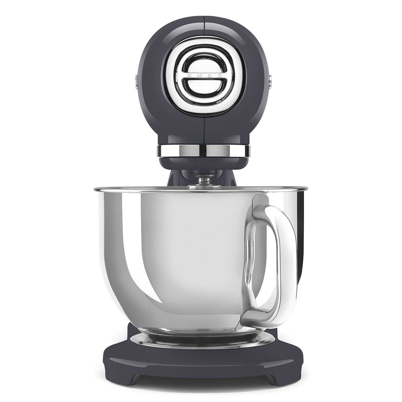 Dunkelgrauer Küchenmixer mit Edelstahlschüssel und Chromband.