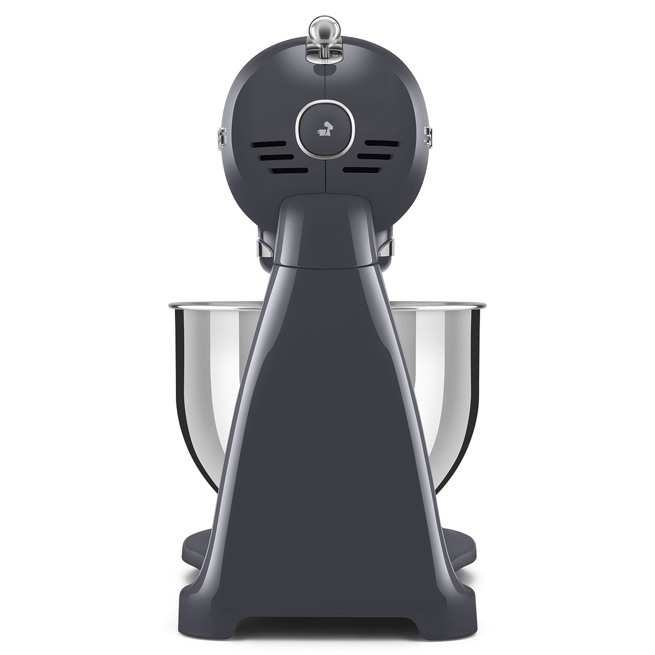 Grauer Küchenmixer, Rückansicht, silberne Schüssel, weißer Hintergrund.