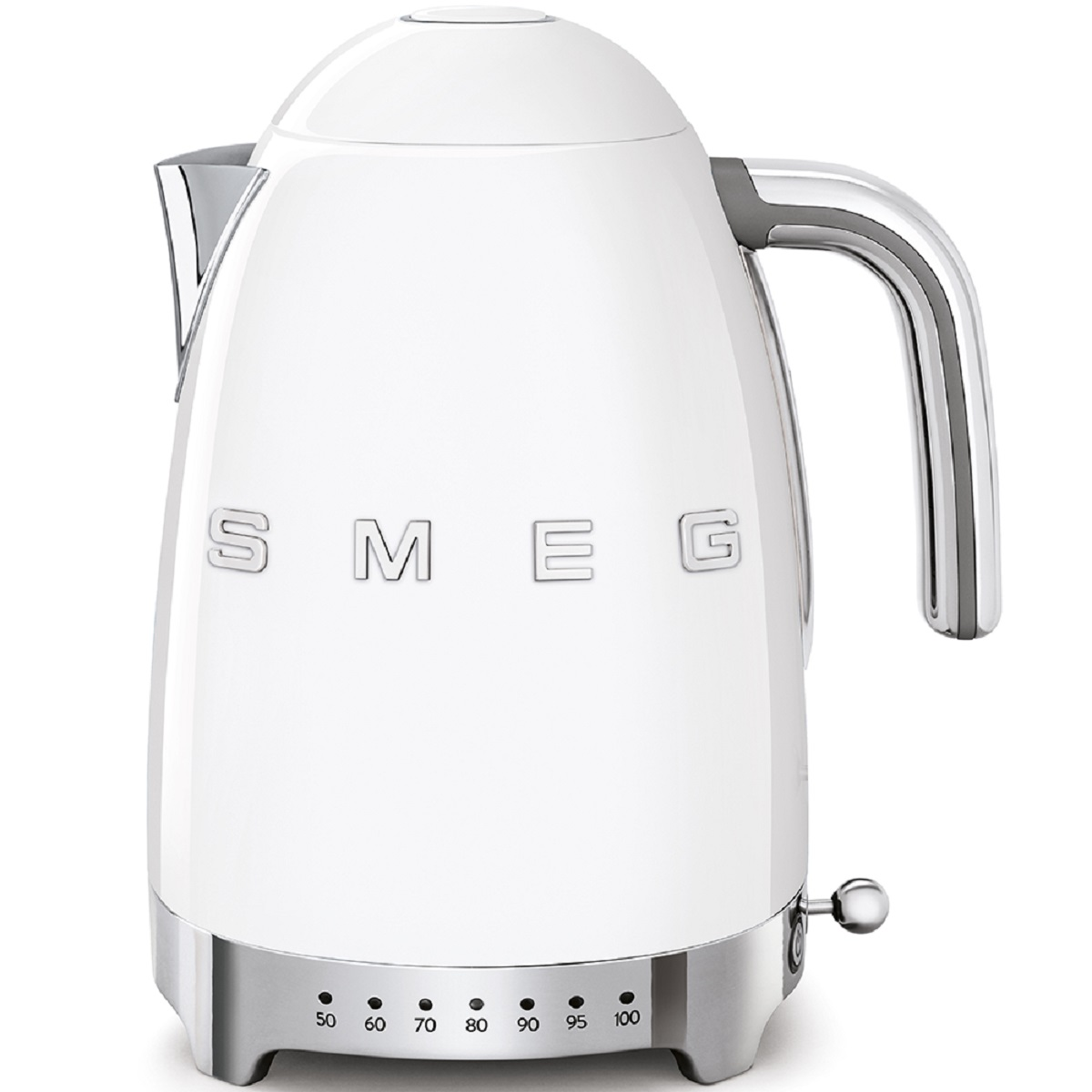 Weißer Smeg-Wasserkocher mit Chromgriff und -sockel. Er hat einen Temperaturregler am Sockel.