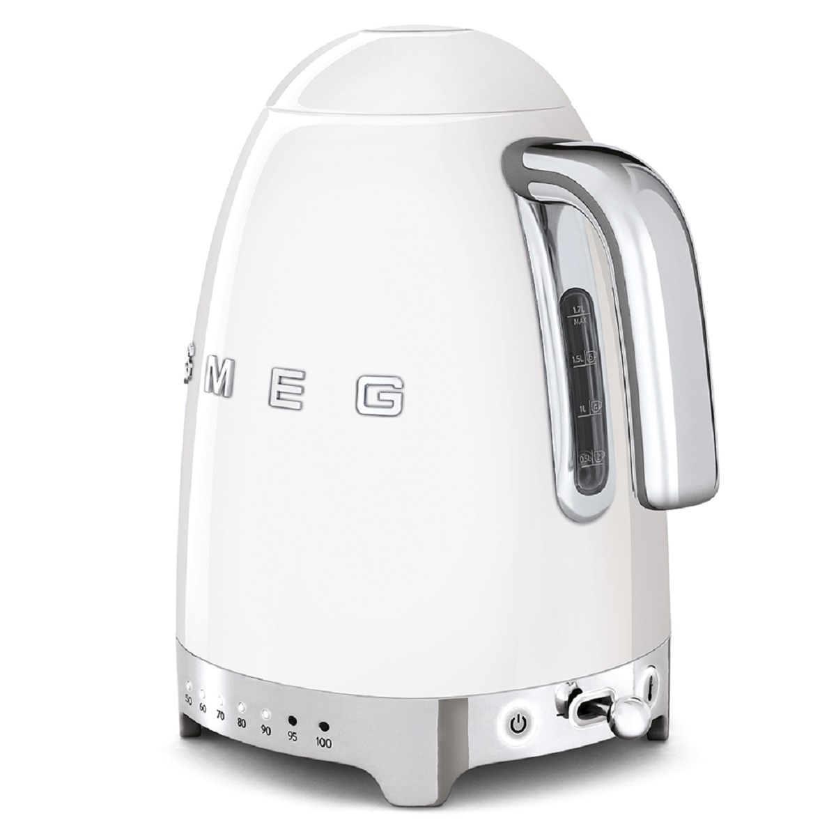Weißer Smeg-Wasserkocher mit Chromgriff, Wasserstandsanzeige und Temperaturregler. Weißer Hintergrund.