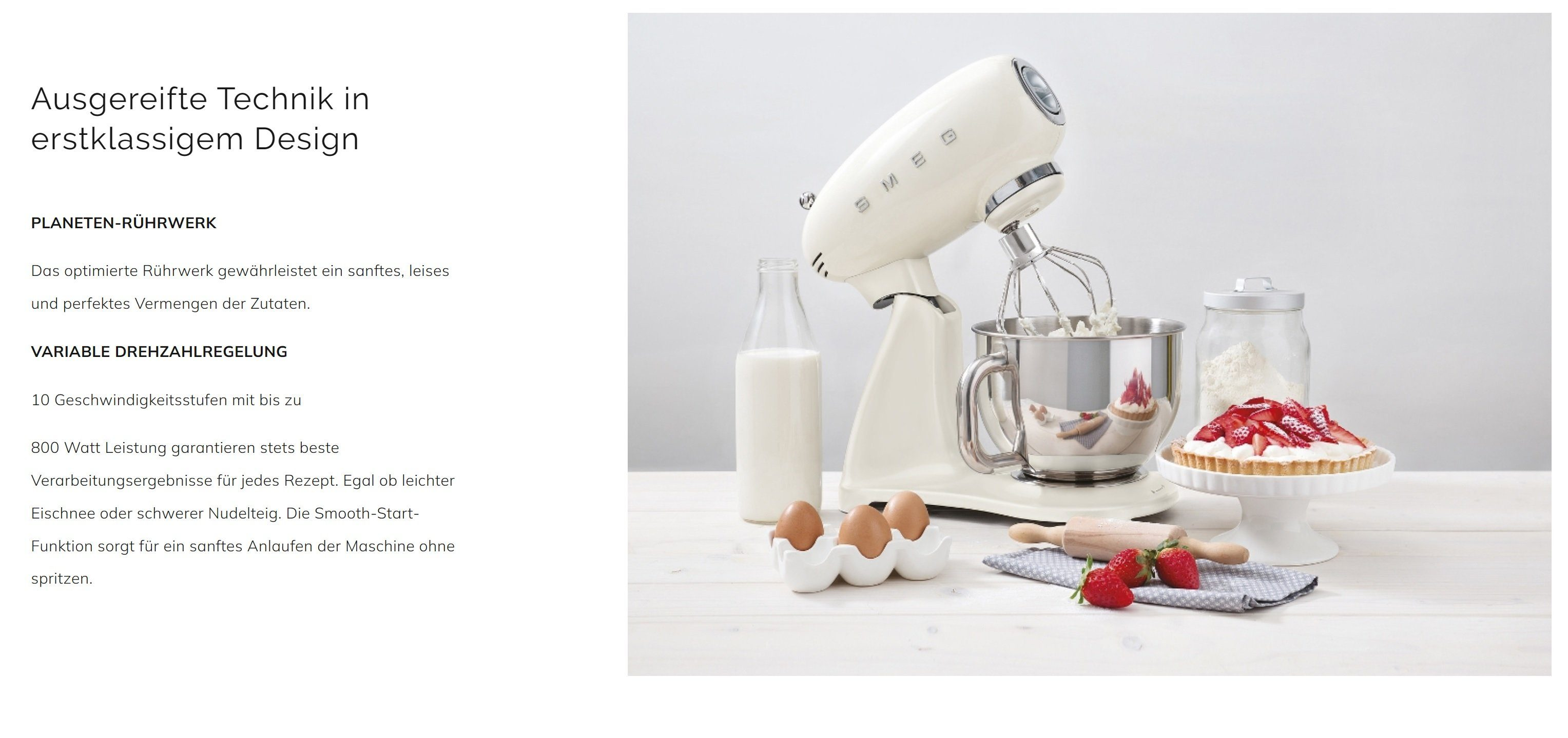Weißer und cremefarbener Standmixer mit Text und Lebensmitteln auf weißem Hintergrund.