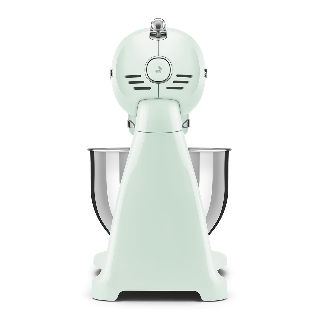 Rückansicht eines hellgrünen Smeg-Küchenmixers mit Edelstahlschüssel auf Weiß.