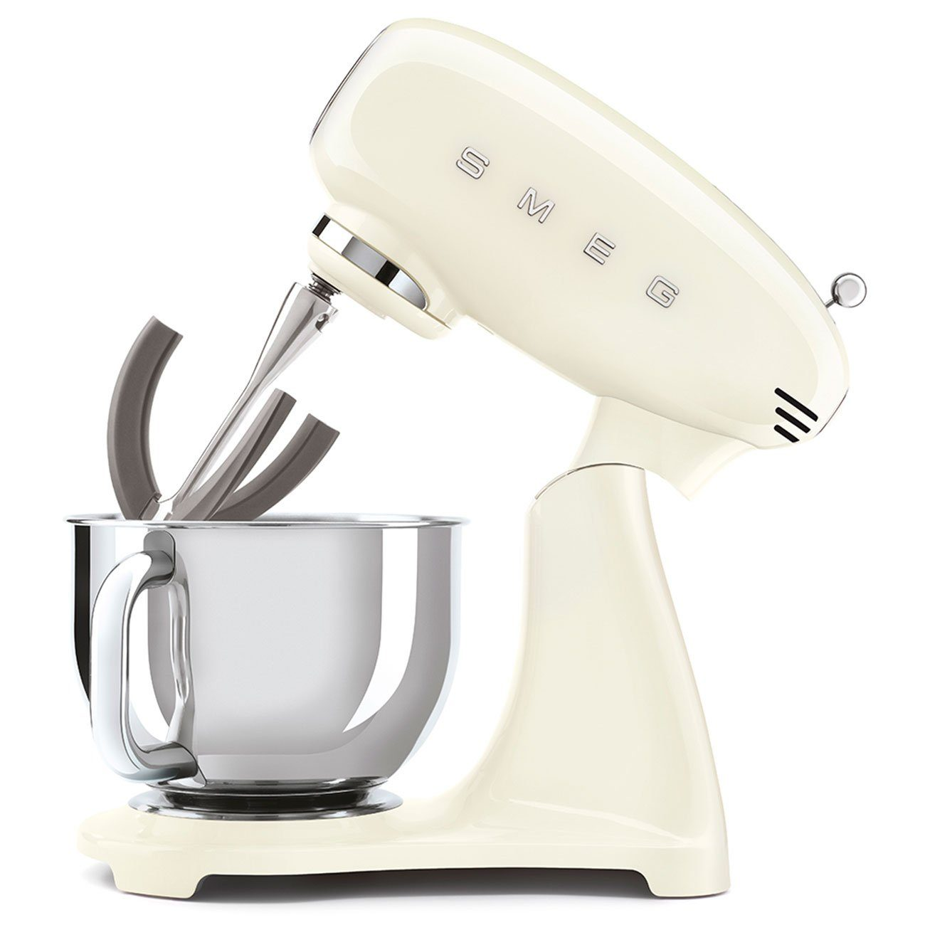 Cremefarbener Küchenmixer mit Edelstahlschüssel. SMEG-Markenname sichtbar.