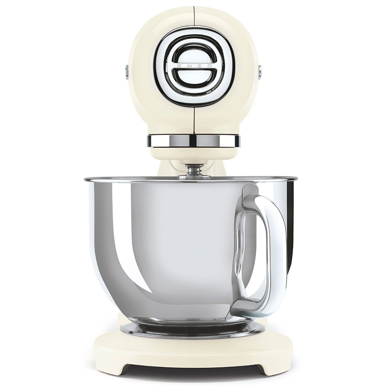 Cremefarbener Standmixer. Edelstahl-Schüssel und Chromdetails. Smeg-Logo auf der Rückseite.