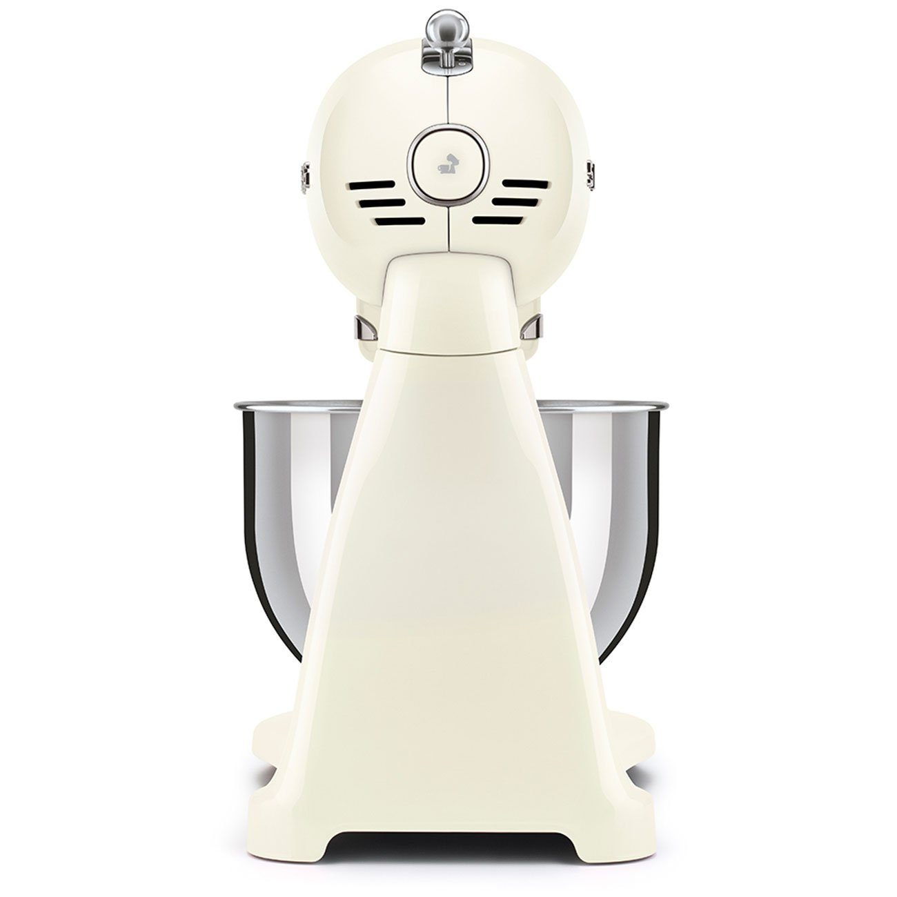 Cremefarbener Küchenmixer von hinten. Edelstahl-Schüssel, abgewinkeltes Design.