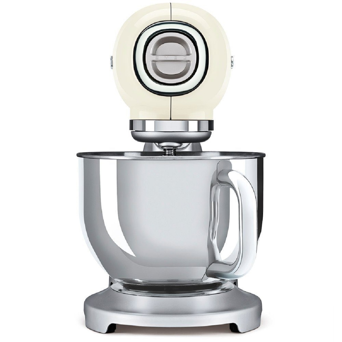 Cremefarbener Smeg-Küchenmixer mit Edelstahl-Schüssel, Frontansicht.
