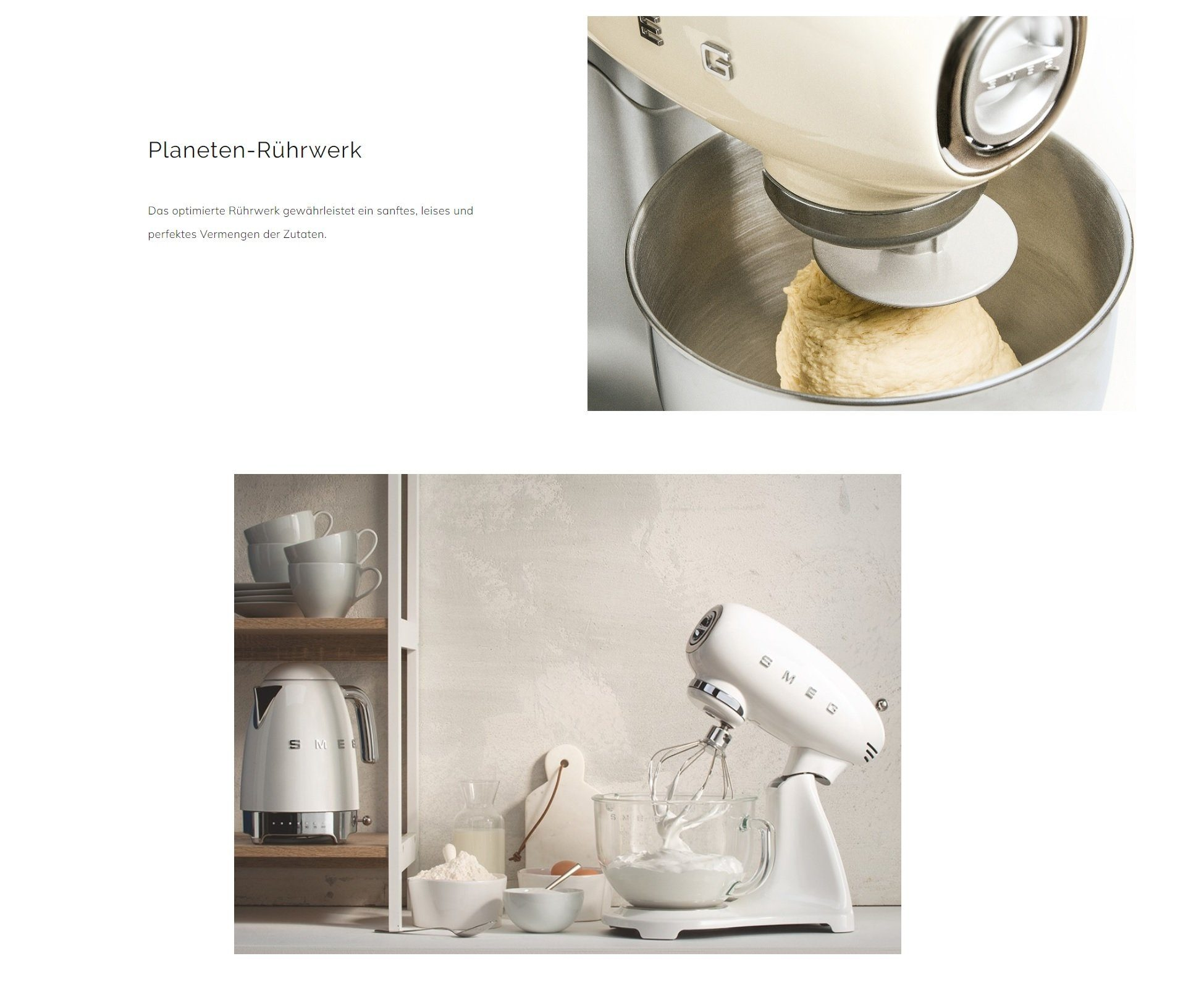 Ein weißer Mixer mischt Teig in einer Schüssel. Hintergrund zeigt einen weißen Wasserkocher und Tassen.