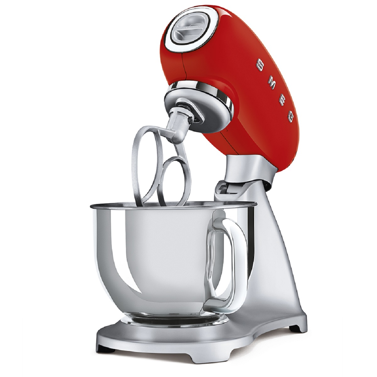 Roter SMEG-Küchenmixer mit silberner Schüssel.