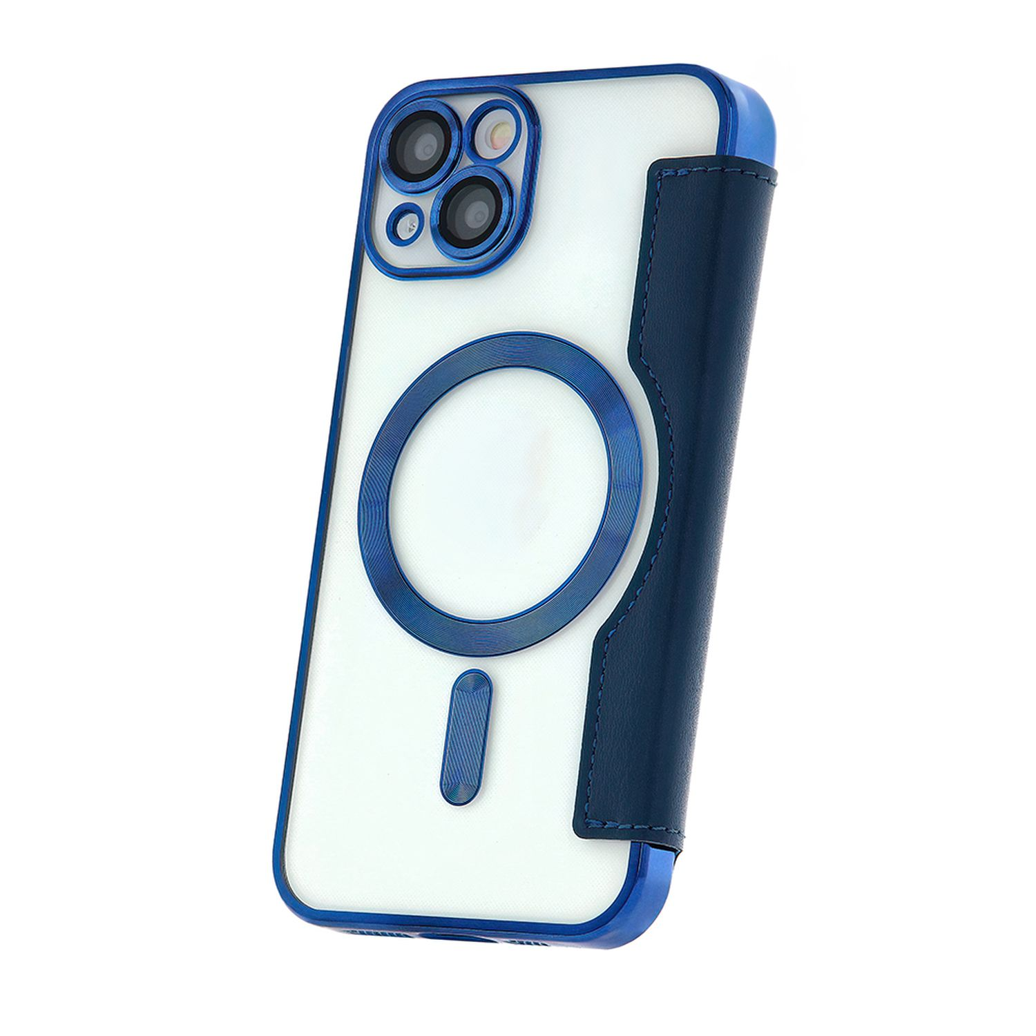 Una custodia per telefono. È bianca al centro con un anello blu e un lato blu navy. Un cerchio magnetico blu è visibile.