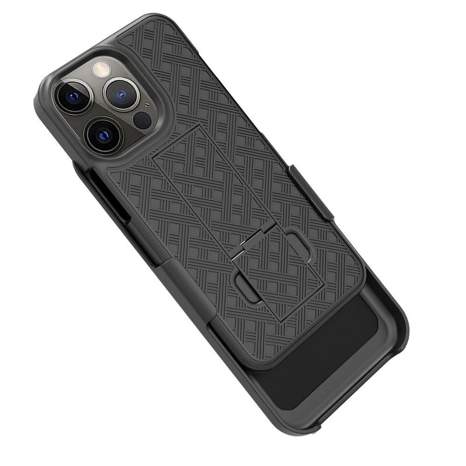 Custodia per telefono nera con clip da cintura. La custodia ha un motivo strutturato e una clip sul retro.