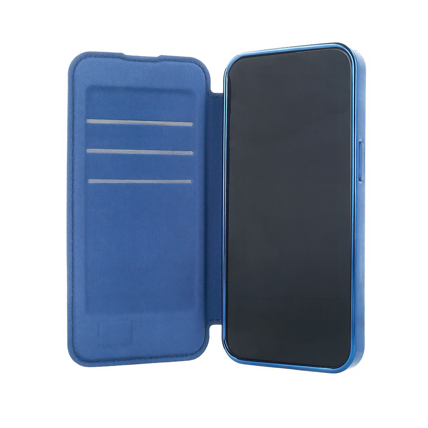 Custodia per telefono blu, aperta per rivelare lo schermo del telefono, con fessure per carte.