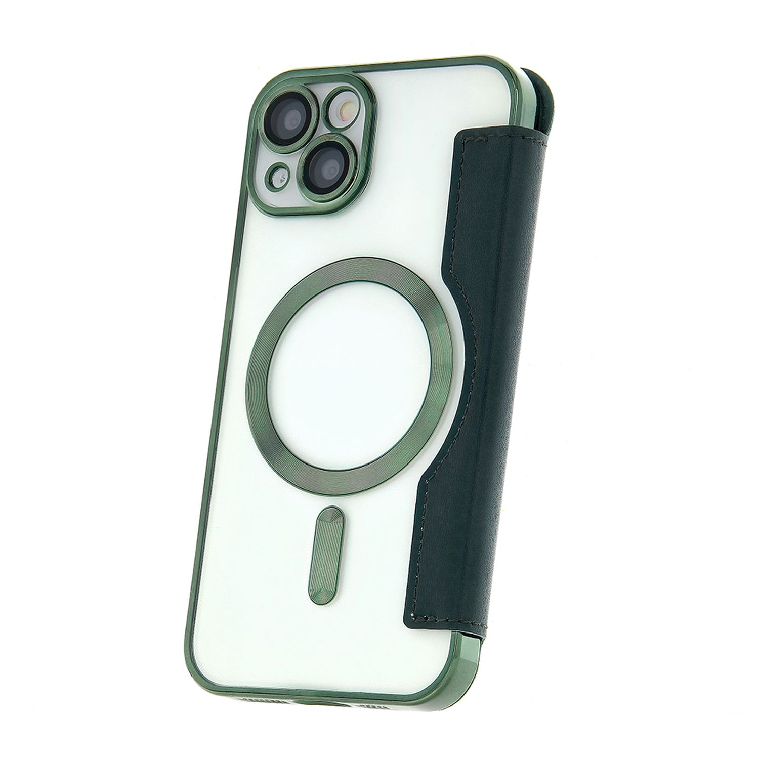 Custodia verde per telefono con fori per fotocamera. Anello magnetico e patta verde scuro.