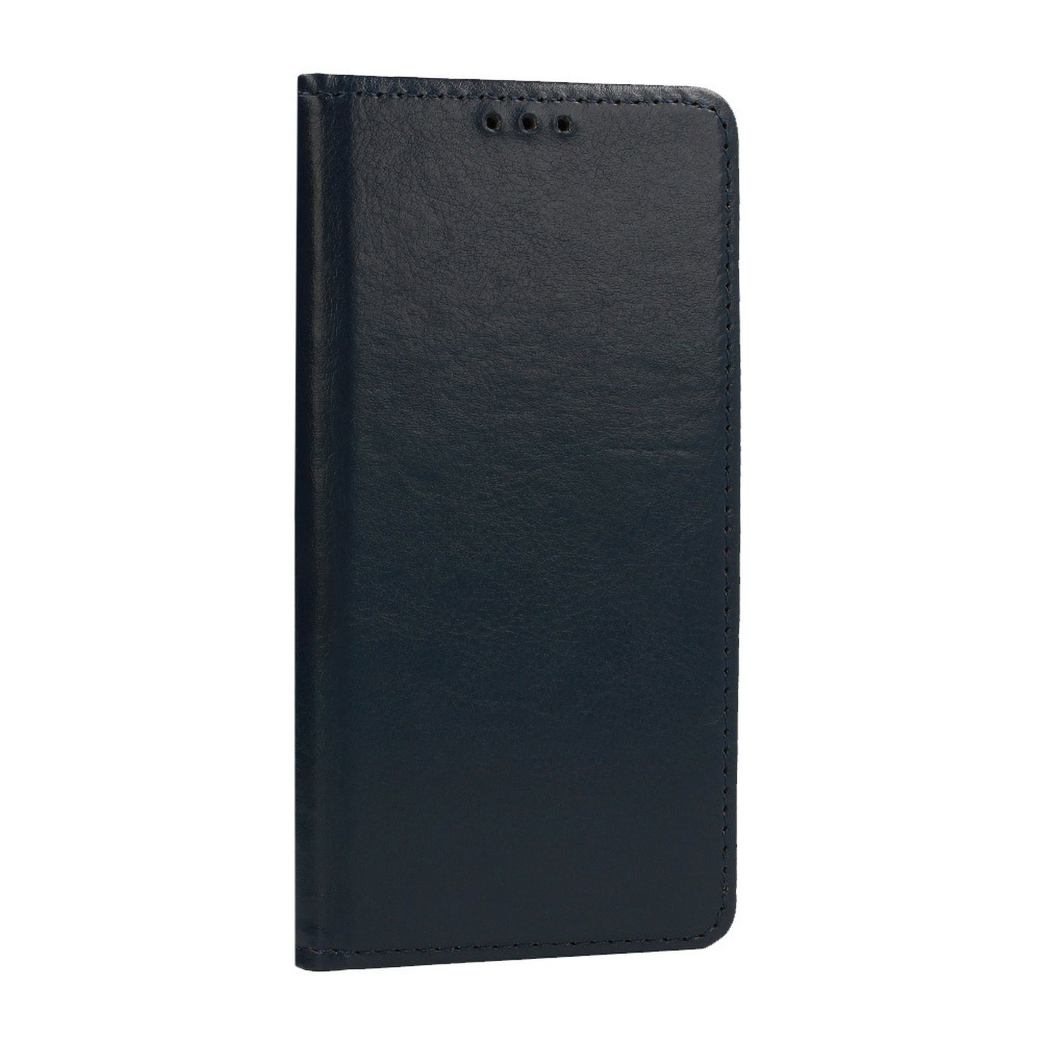 Custodia per telefono blu navy. È chiusa e in pelle, con tre piccoli fori in alto.