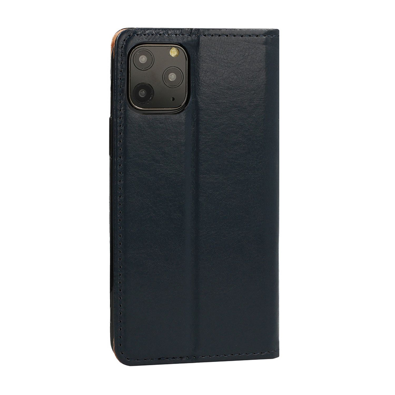 Custodia iPhone blu scuro con texture in pelle, chiusa, mostra il modulo fotocamera.