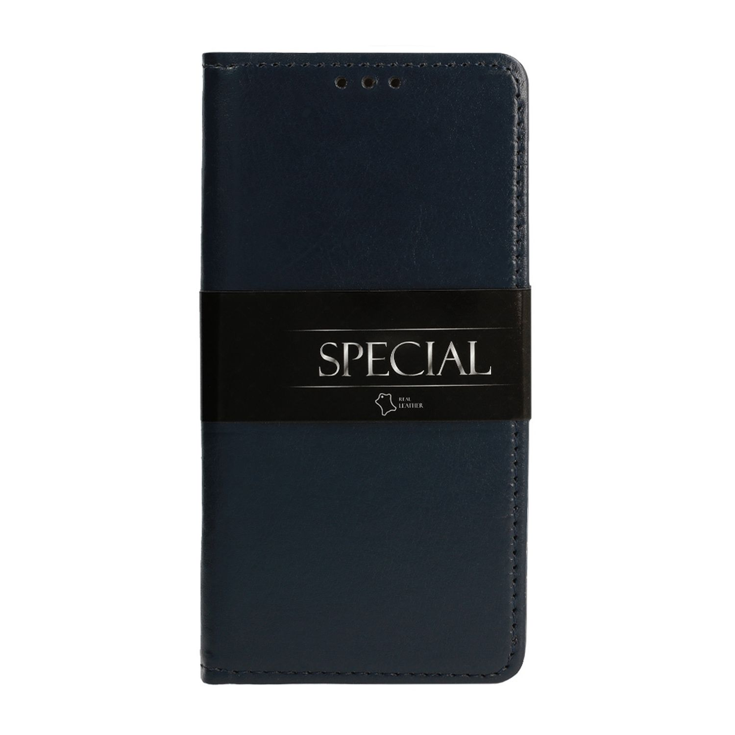 Una custodia blu navy con una fascia nera che dice SPECIAL, su uno sfondo bianco.