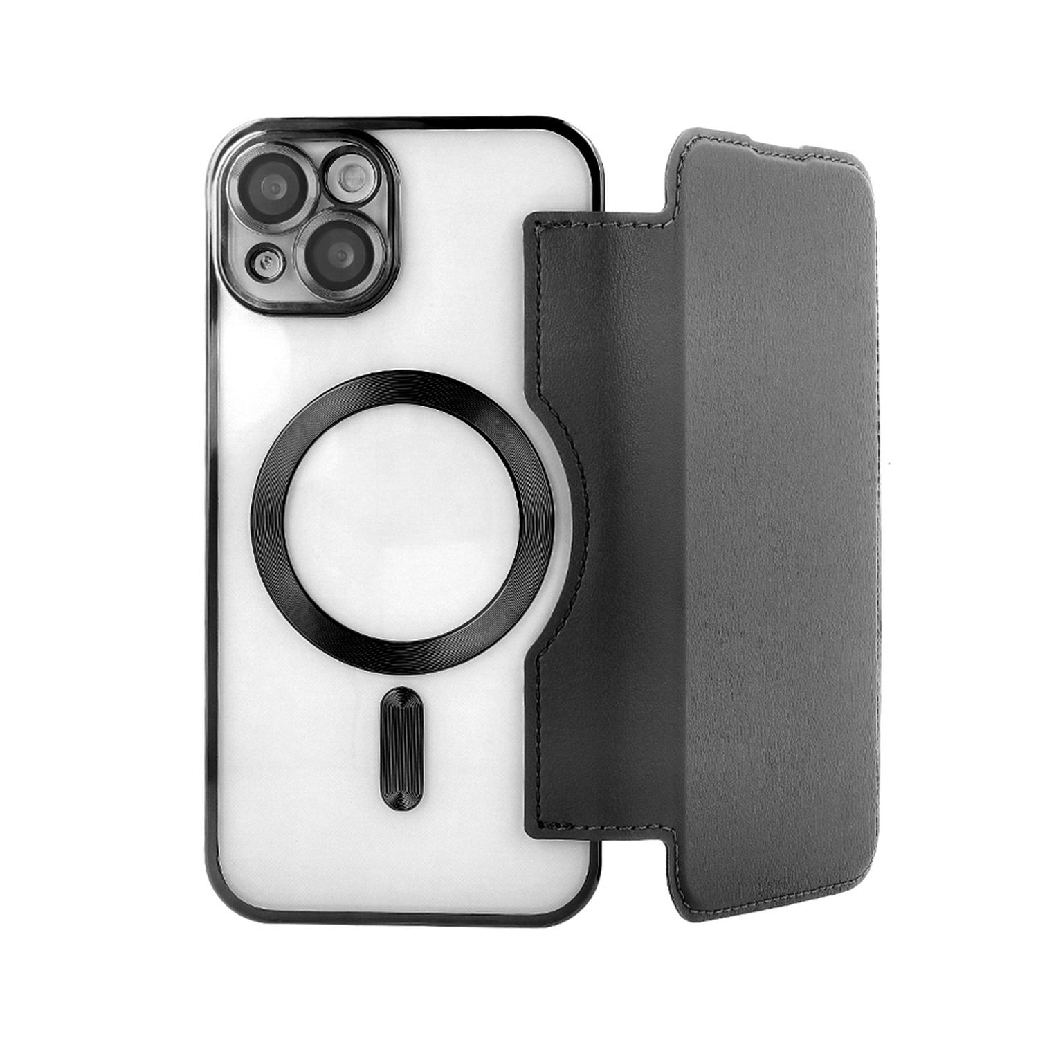 Custodia nera per telefono con anello magnetico e cover a portafoglio. Sfondo bianco.