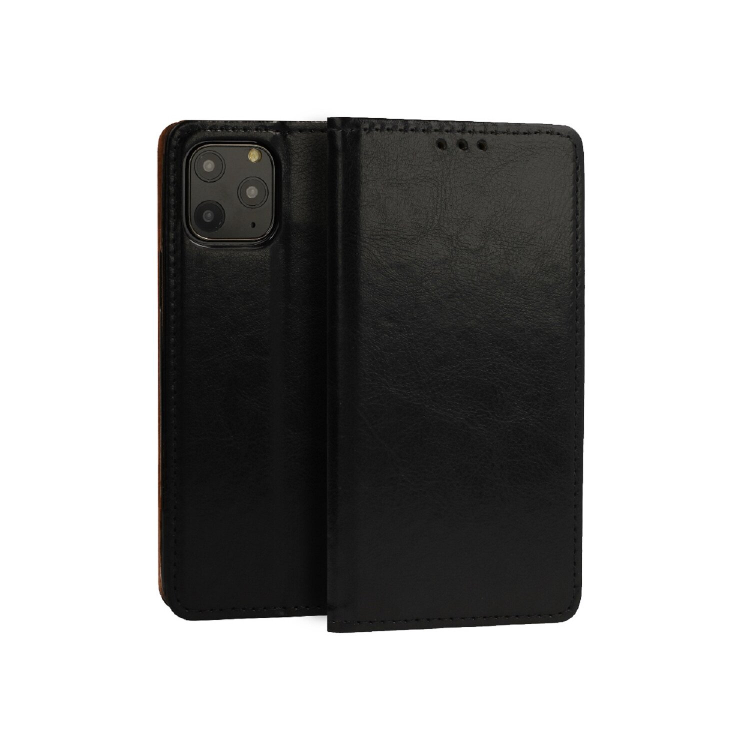 Custodia per telefono nera similpelle, aperta, che mostra un telefono e tasche interne.
