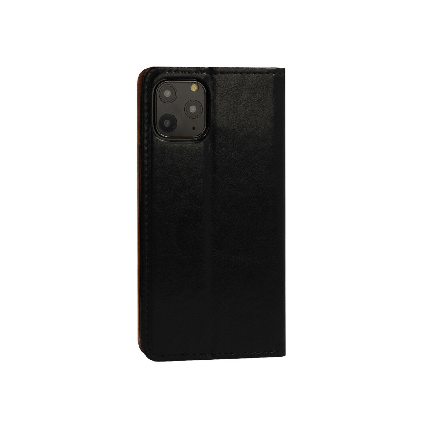 Custodia per telefono nera, chiusa, con texture in pelle.