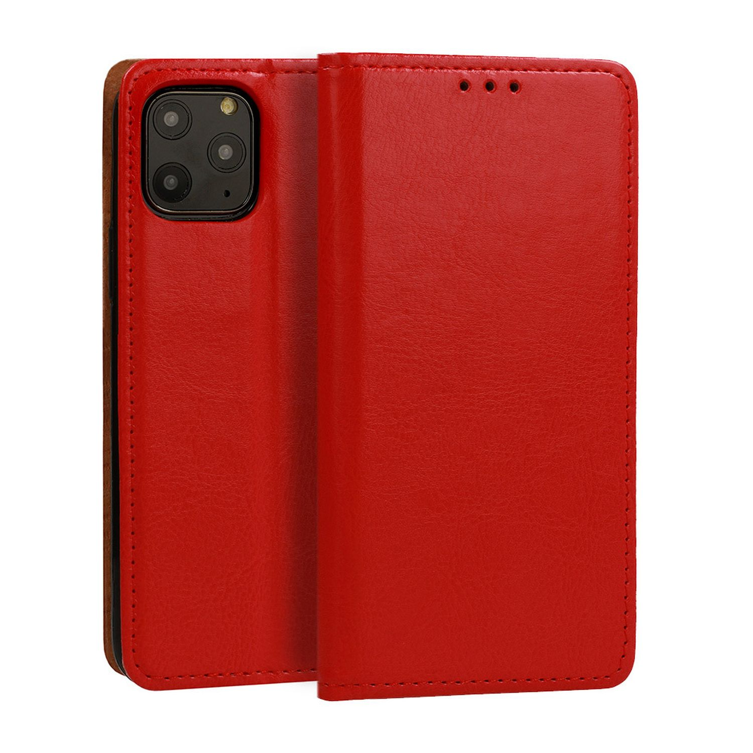 Custodia per telefono in pelle rossa, aperta. Telefono a sinistra. Schema colori marrone e rosso.
