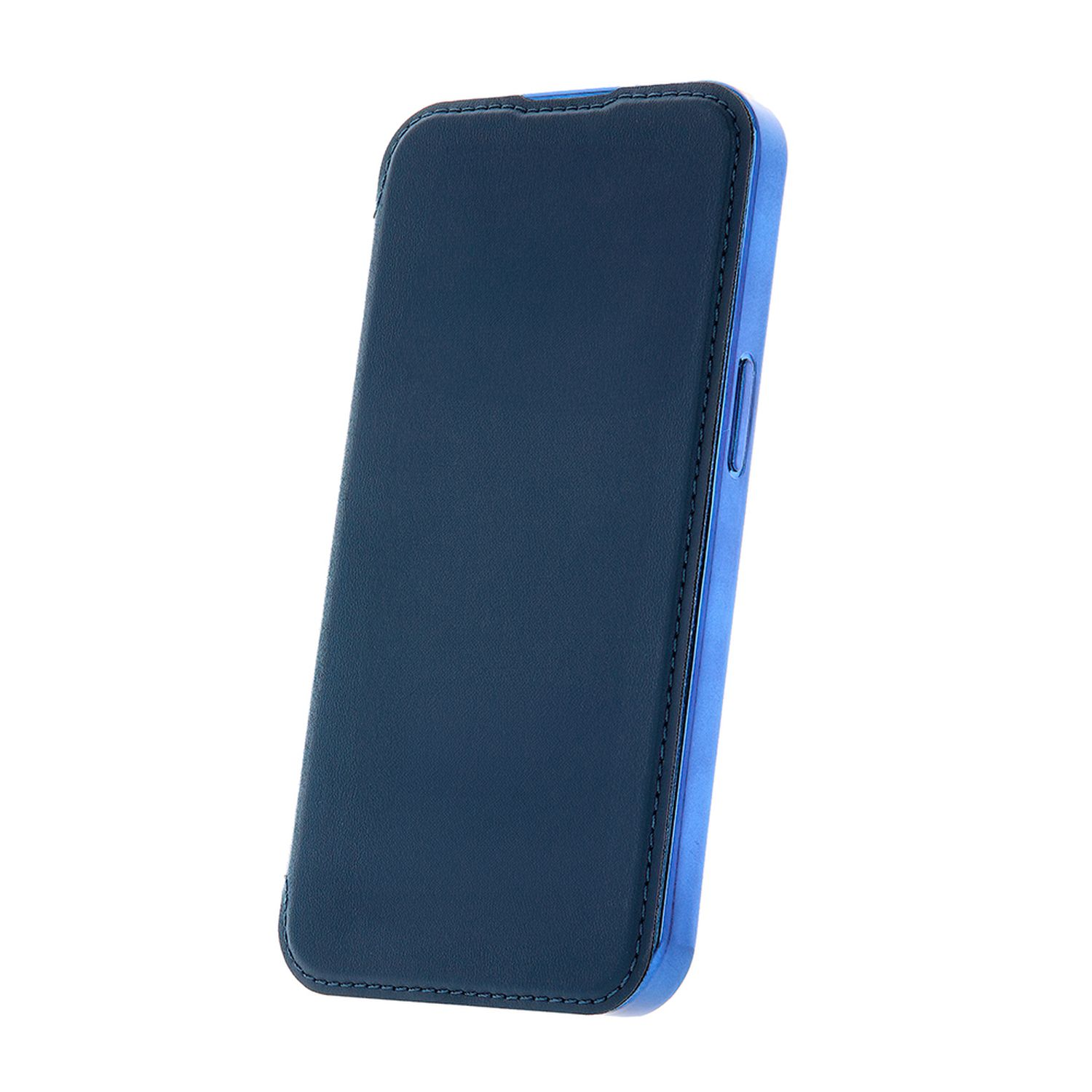 Una custodia blu per telefono con interno nero.