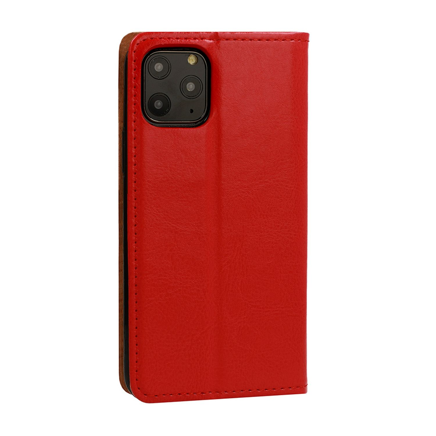 Custodia iPhone rossa in pelle, chiusa, modulo fotocamera visibile, bordi marroni.