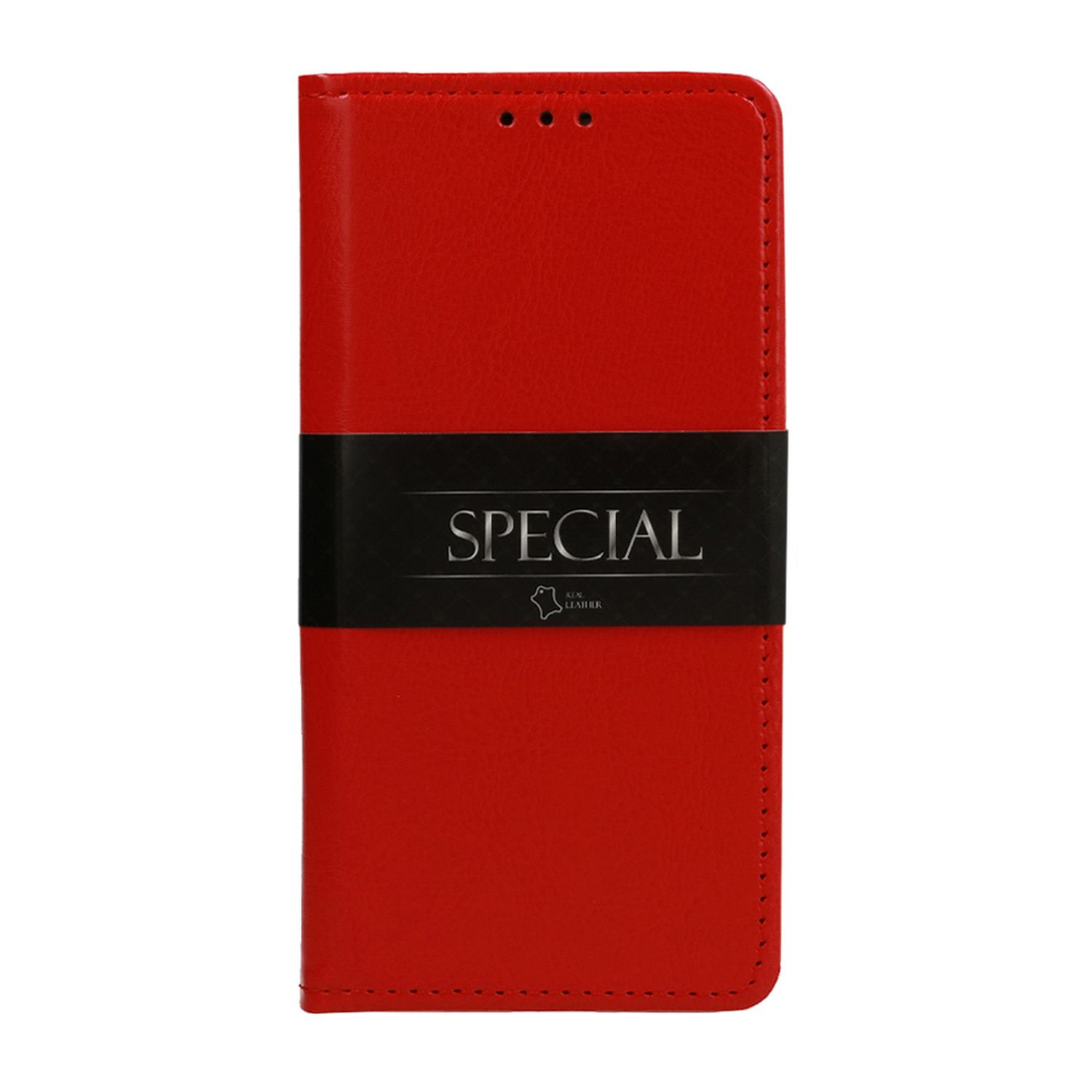 Custodia rossa per telefono, fascia nera con testo 'SPECIAL'. Texture in pelle.