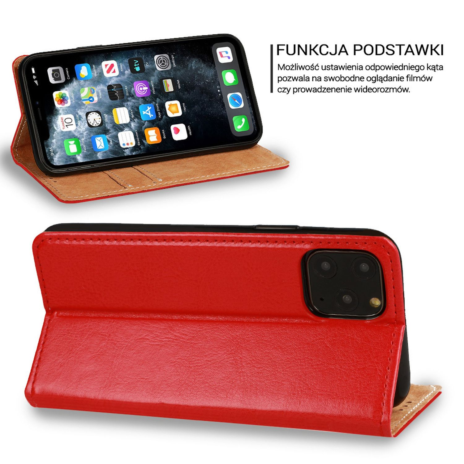 Una custodia per telefono rossa aperta, che mostra un telefono. Lo schermo ha icone di app. Sfondo bianco.