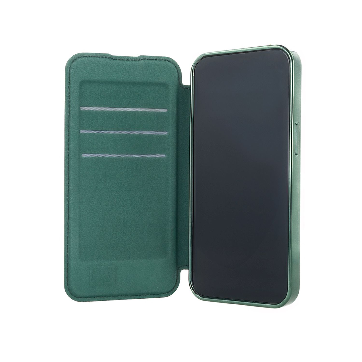Custodia verde per telefono con un telefono dentro. Sfondo bianco.