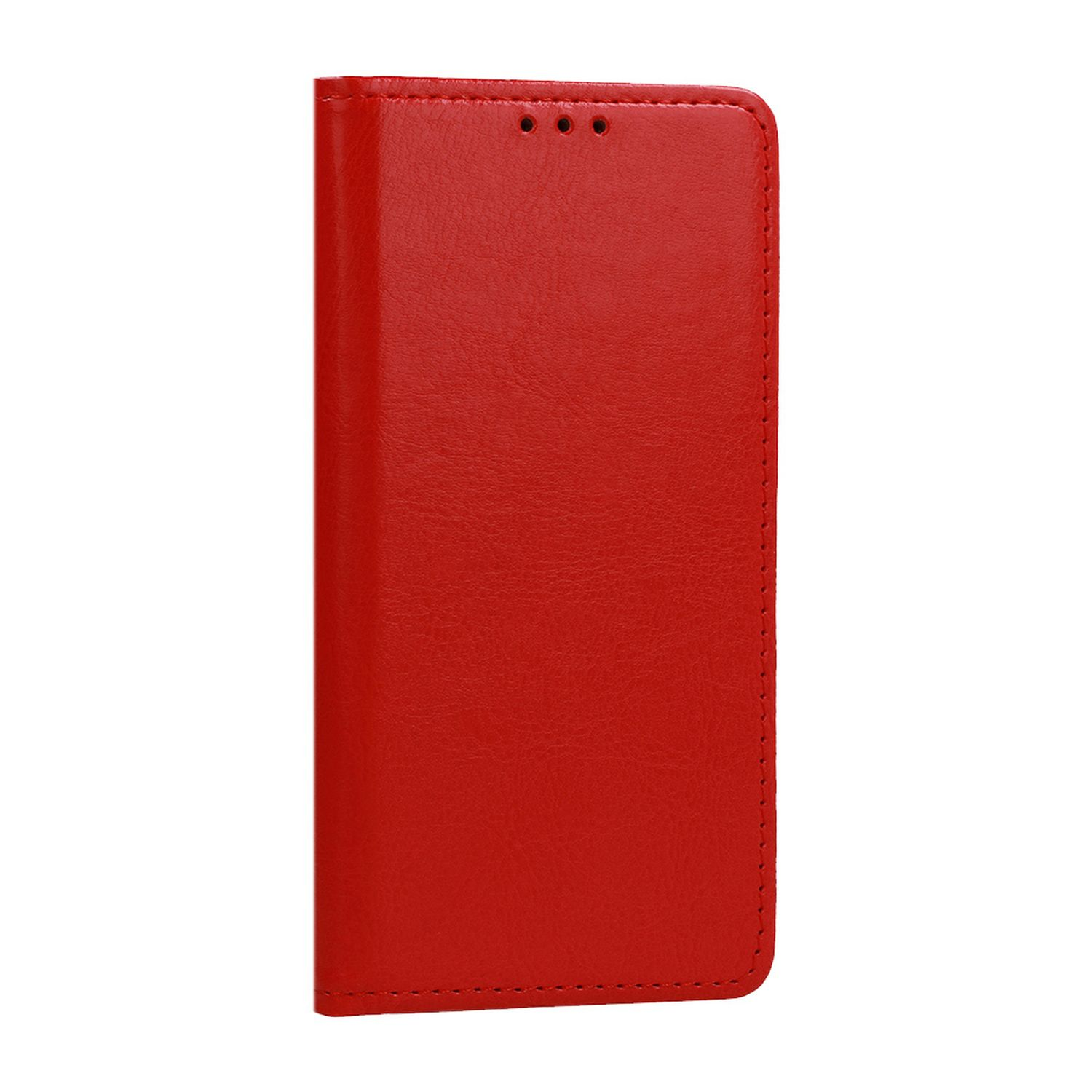 Custodia rossa per telefono con texture in pelle liscia.