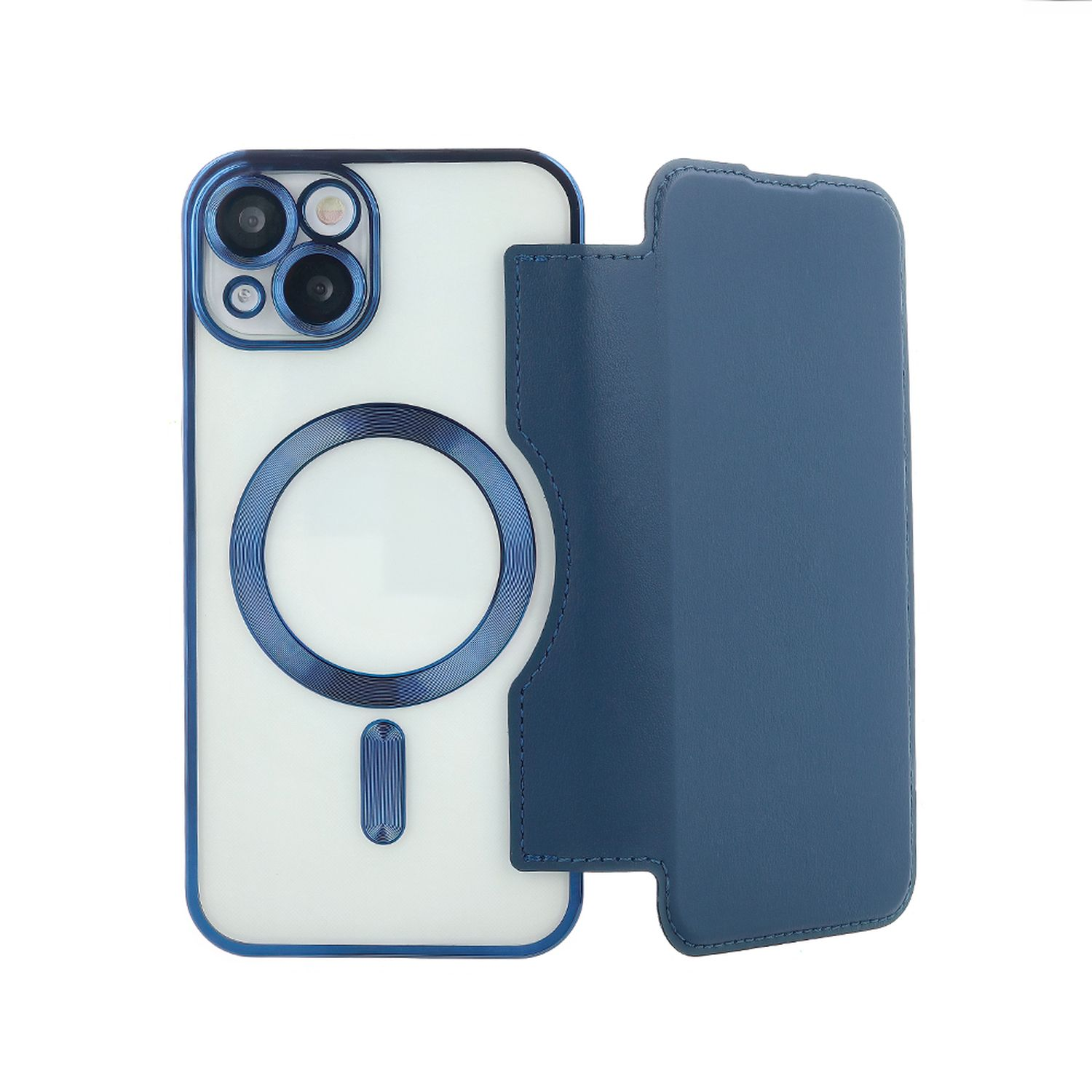 Una custodia per telefono aperta con un telefono all'interno. La custodia è blu, bianca e ha un cerchio blu.