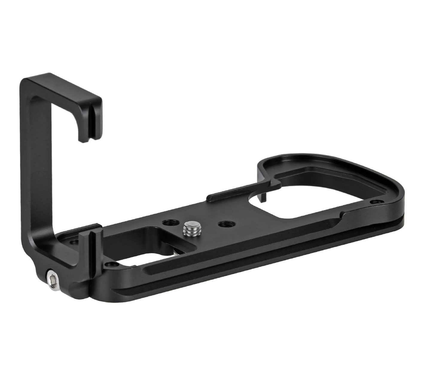 Schwarze Metall-L-Halterung für Kameras. Mit vertikalem Arm und Grundplatte.