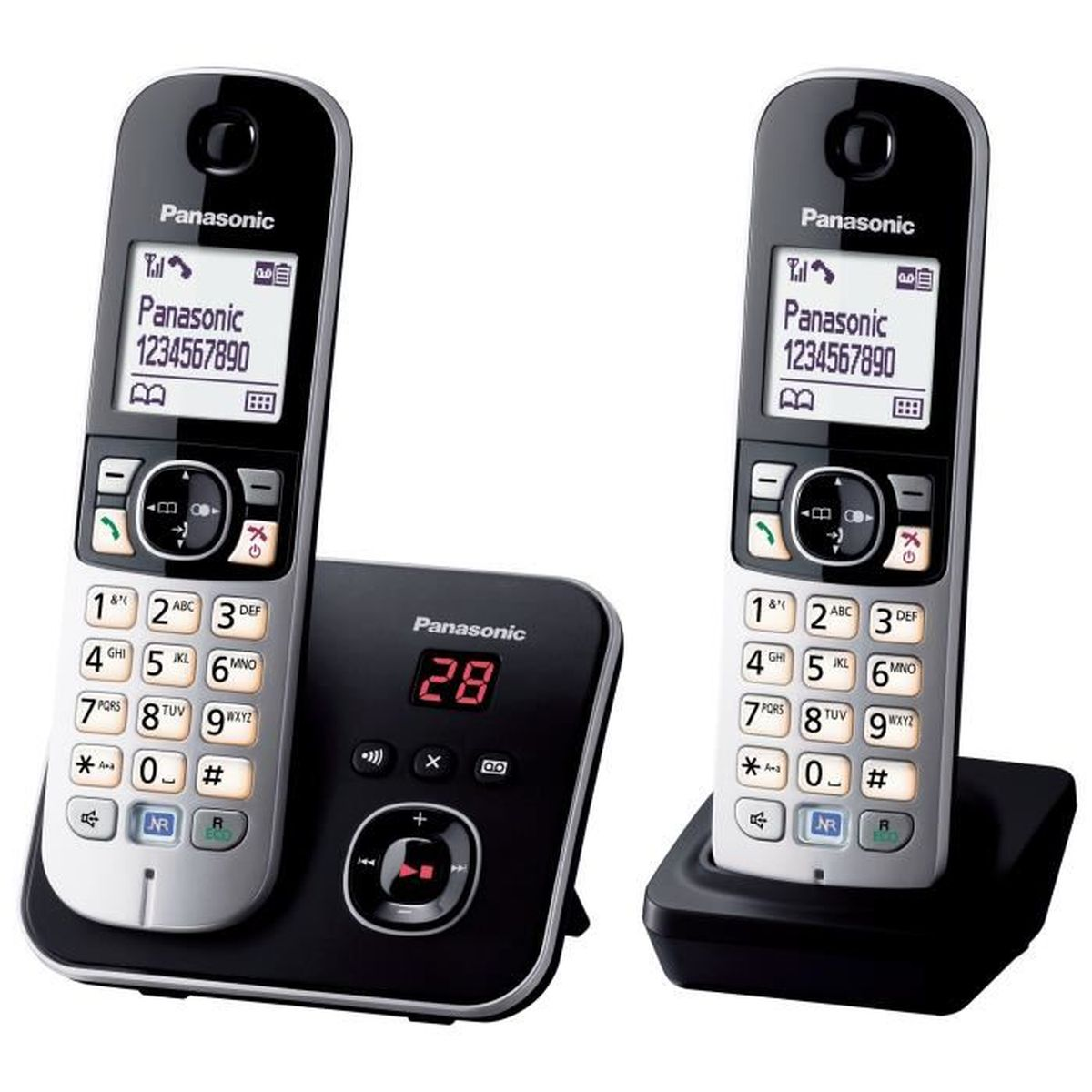 Zwei schnurlose Panasonic-Telefone, eines auf einer Basis mit Anzeige '28'. Das andere Telefon ist auf einem Ladegerät.