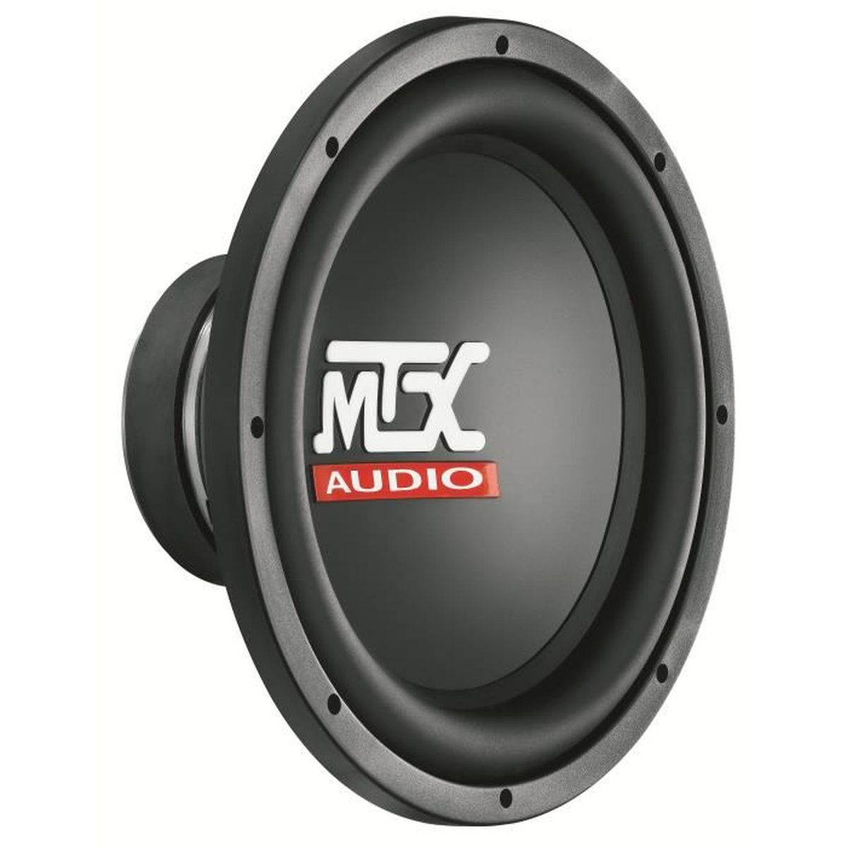 Schwarzer MTX Subwoofer-Lautsprecher. Das Logo ist rot und weiß, der Lautsprecher ist kreisförmig.