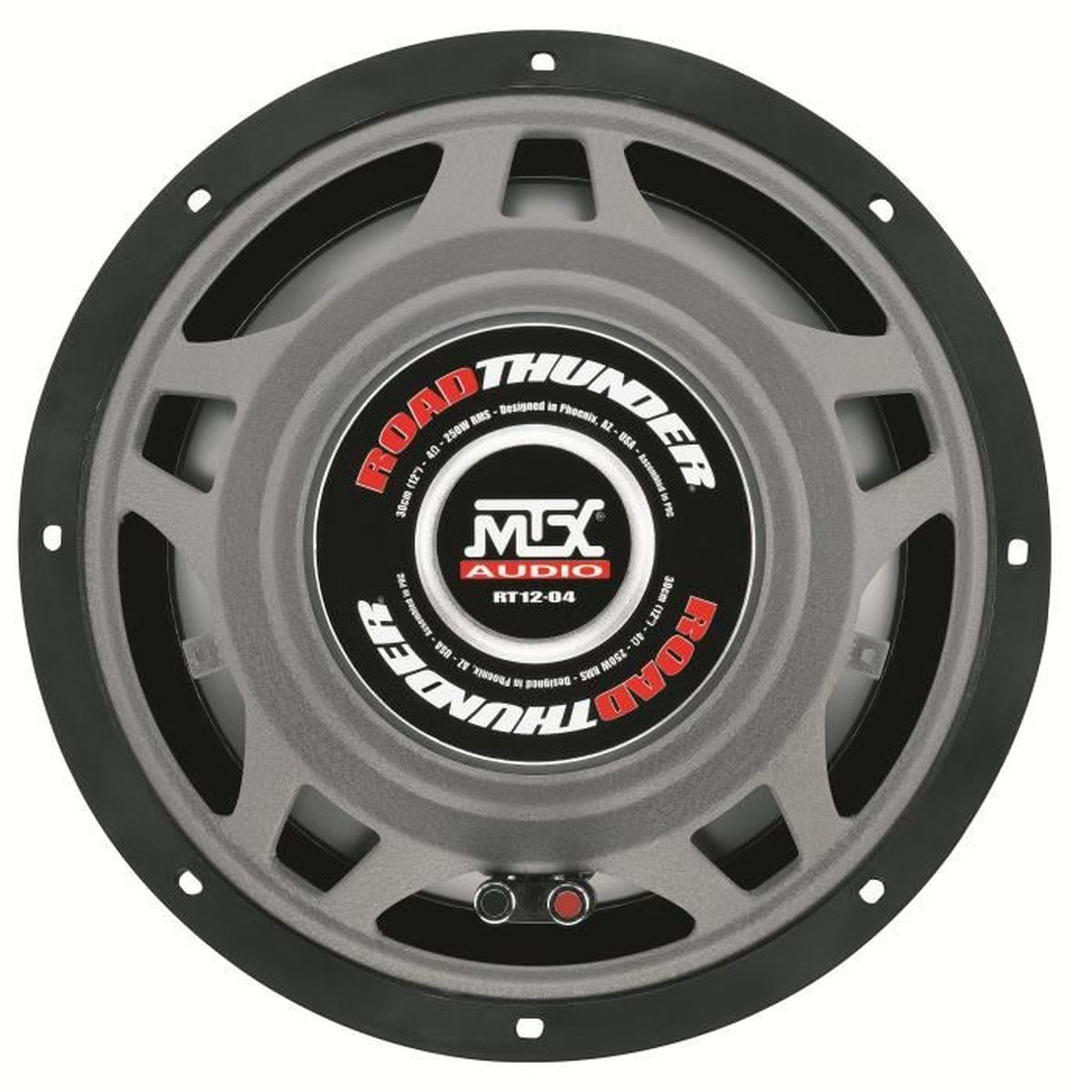 Ein schwarzer Auto-Subwoofer-Lautsprecher auf weißem Hintergrund.