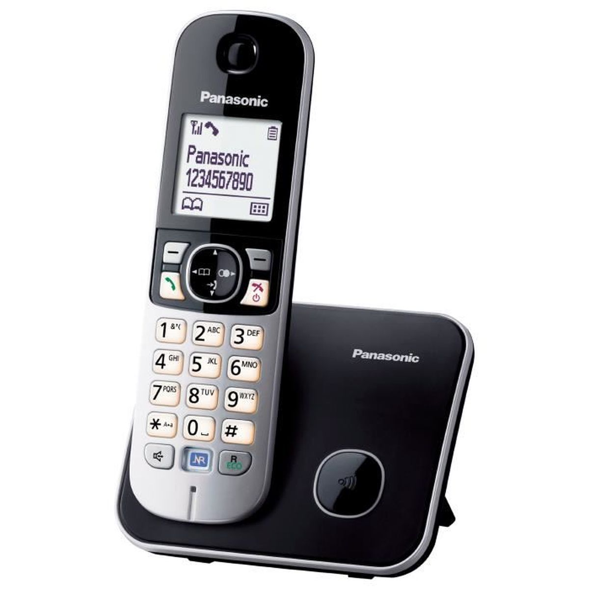 Un telefono cordless Panasonic e la sua base. Il telefono ha uno schermo e una tastiera. La base è nera.
